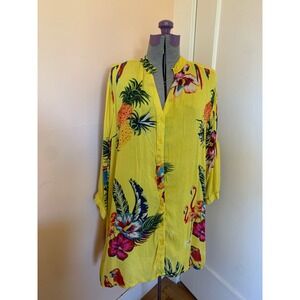 Palak Tropical Pineapple Flamingo Parrot Yellow Button Front Tunic Top Brazil